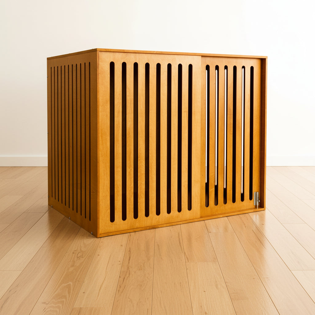 The Den wooden dog crate end table with vertical slats on a light wood floor