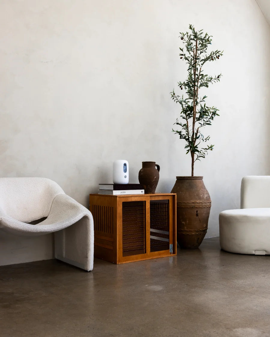 the Pad — a modern wooden dog crate from 77 Bark Ave, styled in a living room